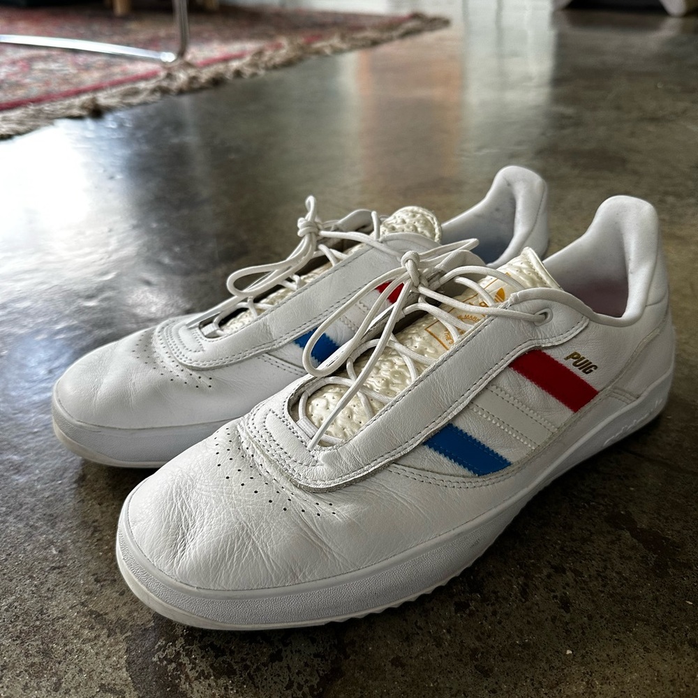 Adidas Men's White Sneakers with Red, Blue, and Gold Accents Puig skateboarding